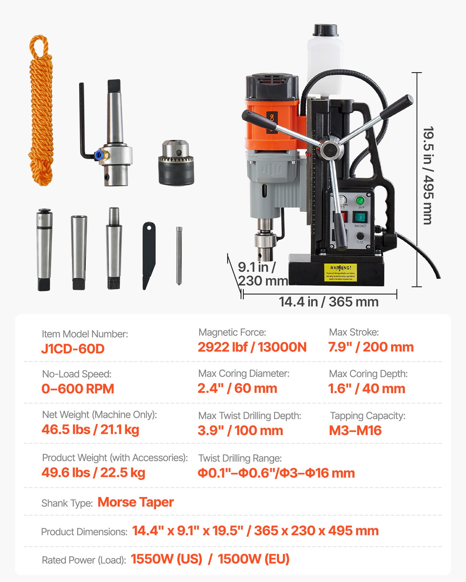 VEVOR Magnetic Drill Press, 1500 W, 60 mm Boring Diameter, 13000N Power Mag Drill Press, 0-600 RPM Adjustable Speed, Morse Taper, M3-M16 Tapping, for Metal Surface, Industrial and Home Improvement
