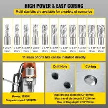 VEVOR Magnetic Drill 1550W Magnetic Drill Press with 2Inch Boring Diameter Annular Cutter Machine 2900 LBS 11pcs HSS Annular Cutter Bits