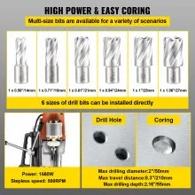VEVOR Magnetic Drill 1680W Magnetic Drill Press with 2 Inch Boring Diameter Annular Cutter Machine 2900 LBS 6pcs HSS Annular Cutter Bits