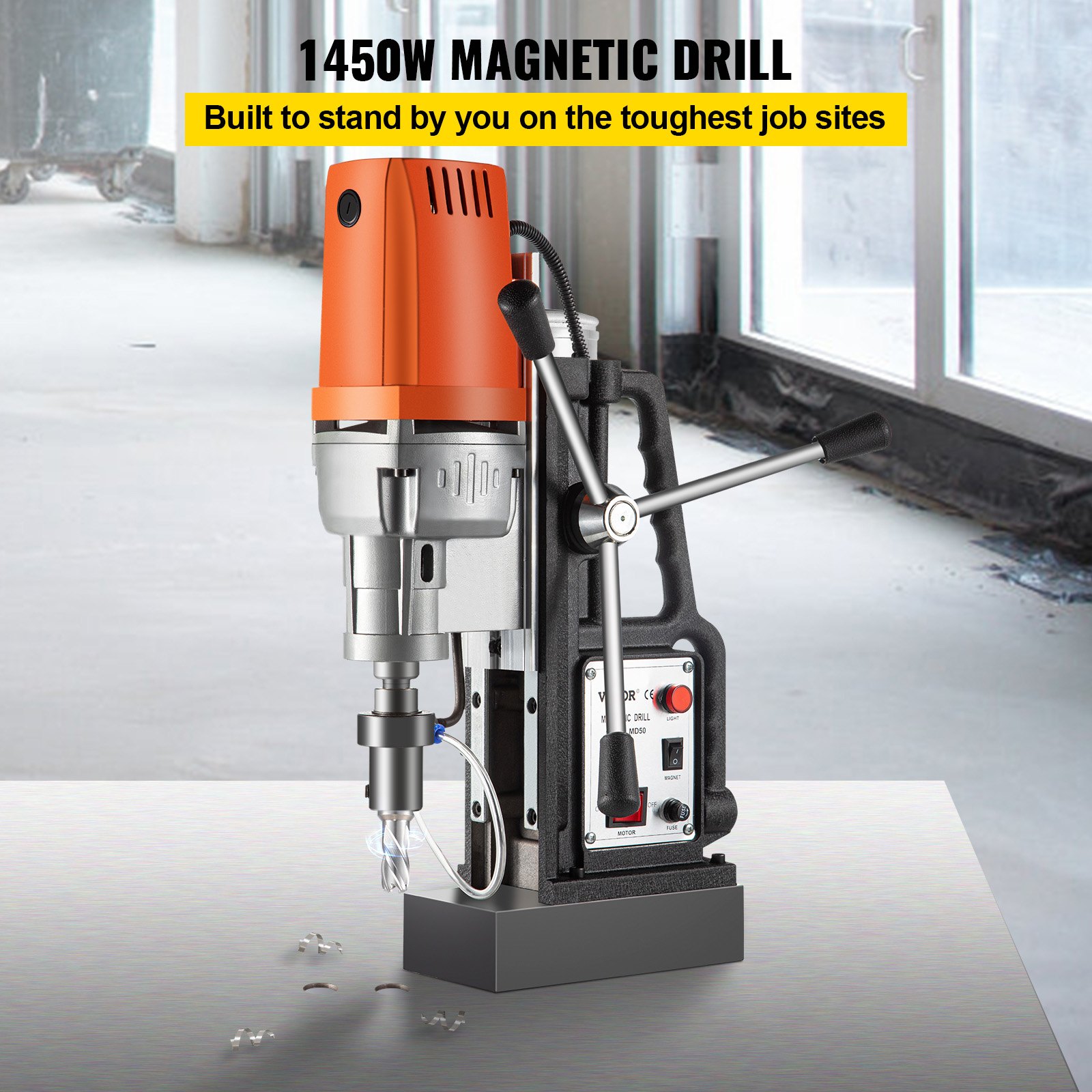 VEVOR 1450W Magnetic Drill Press with 2 Inch Boring Diameter Annular Cutter Machine 2900 LBS 6pcs HSS Annular Cutter Bits,850 RPM Drilling Machine for any Surface Home Improvement Industry Railway