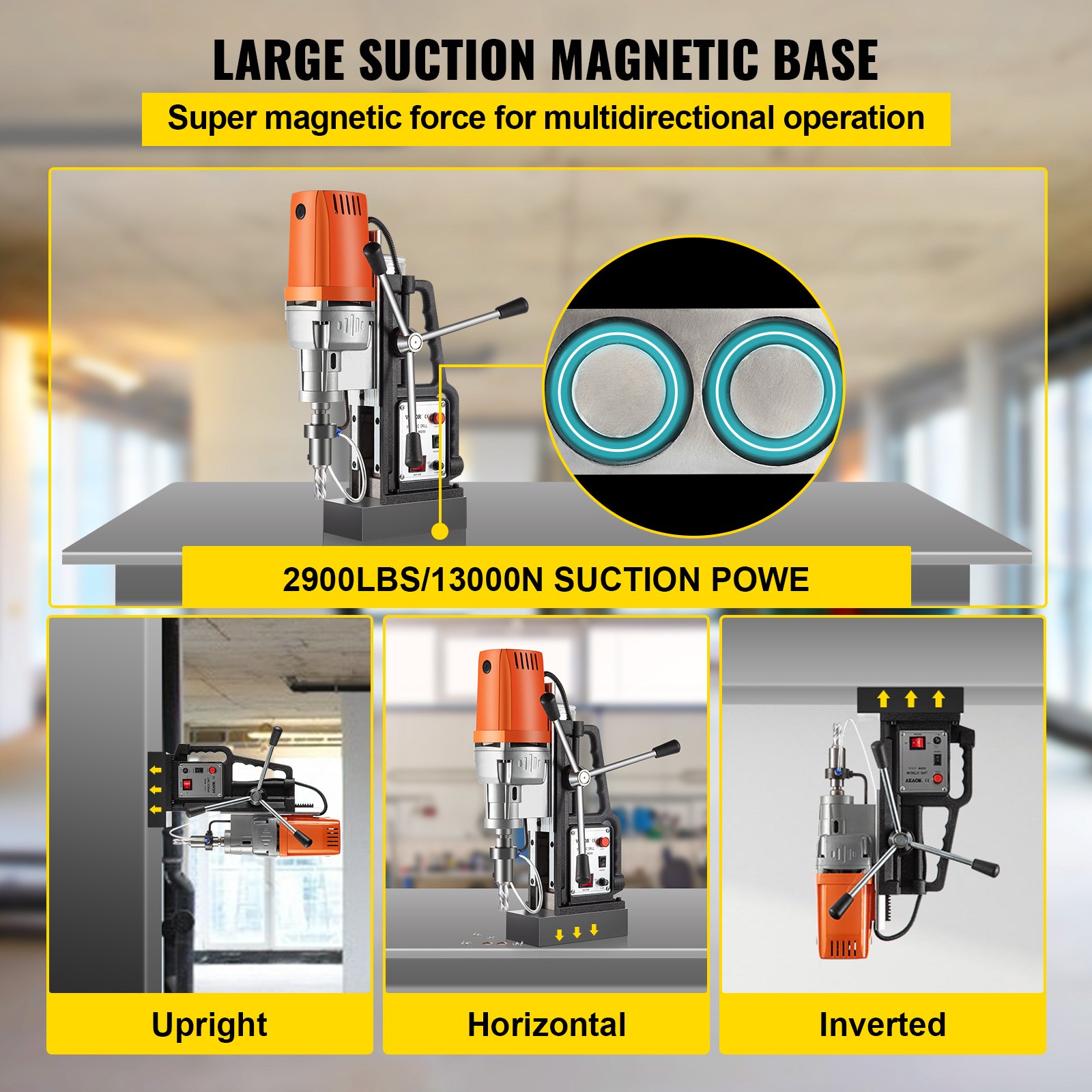 VEVOR 1450W Magnetic Drill Press with 2 Inch Boring Diameter Annular Cutter Machine 2900 LBS 6pcs HSS Annular Cutter Bits,850 RPM Drilling Machine for any Surface Home Improvement Industry Railway