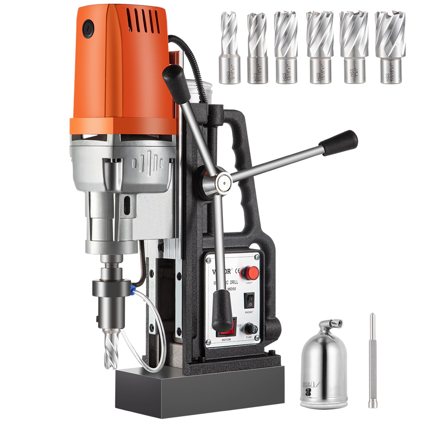 VEVOR 1450W Magnetic Drill Press with 2 Inch Boring Diameter Annular Cutter Machine 2900 LBS 6pcs HSS Annular Cutter Bits,850 RPM Drilling Machine for any Surface Home Improvement Industry Railway