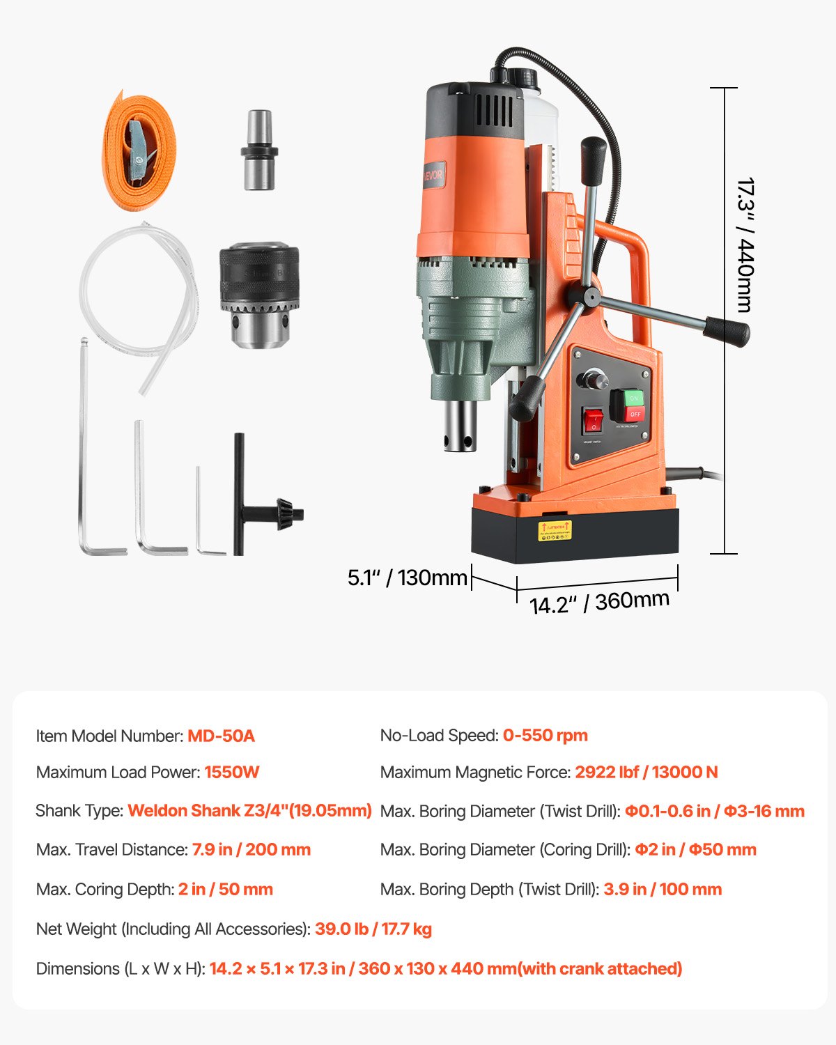 VEVOR Magnetic Drill, 1550W Motor 50 mm Coring Diameter, 13000 N Magnetic Force, 0-550 RPM Variable Speed, Portable Electric Mag Drill Press Drilling Machine for Metal Surface, Home Improvement
