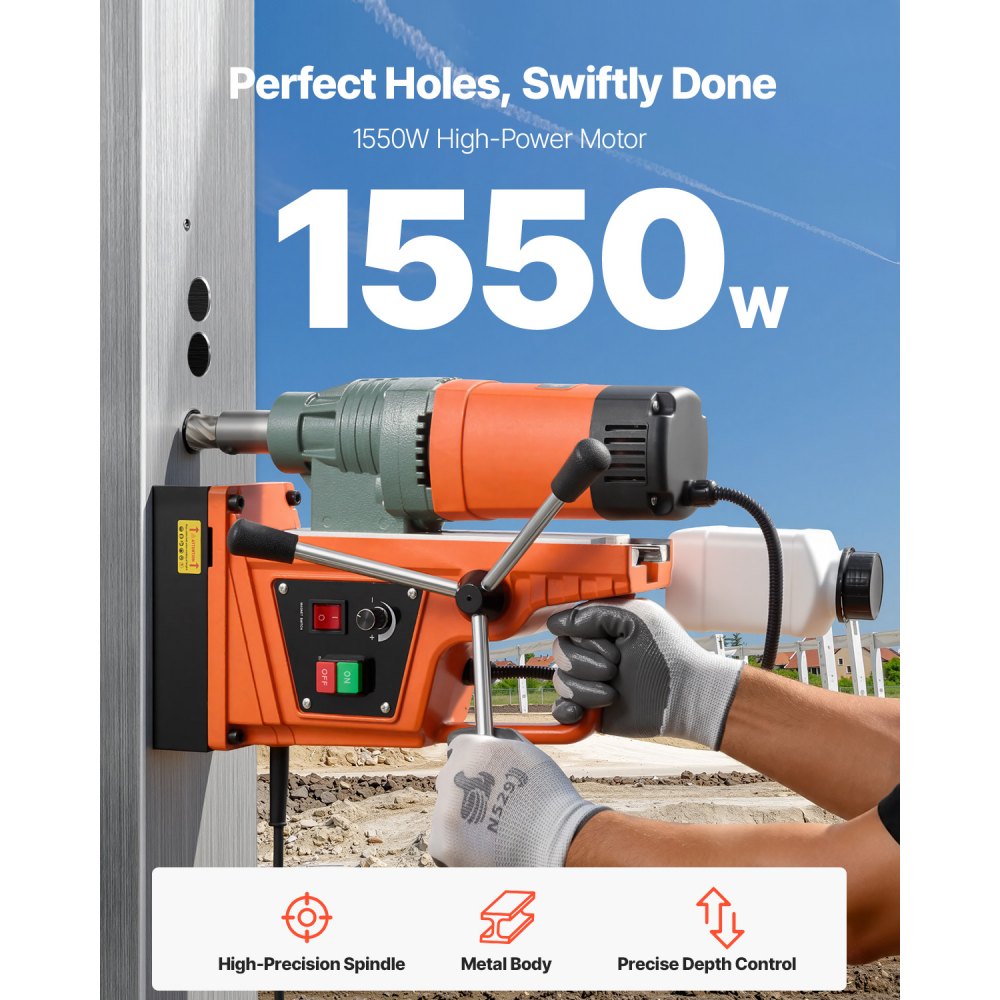 VEVOR Magnetic Drill, 1550W Motor 50 mm Coring Diameter, 13000 N Magnetic Force, 0-550 RPM Variable Speed, Portable Electric Mag Drill Press Drilling Machine for Metal Surface, Home Improvement