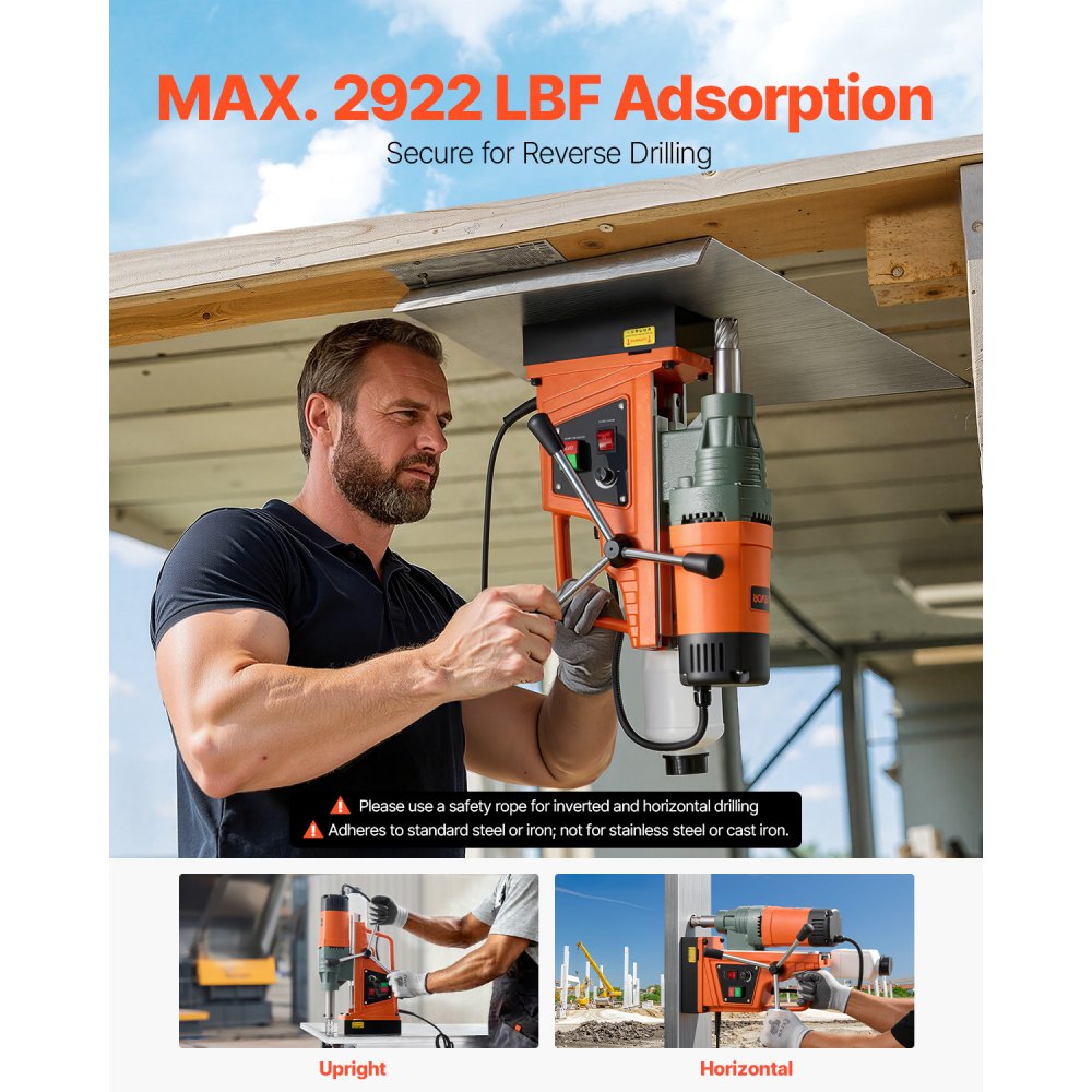 VEVOR Magnetic Drill, 1550W Motor 50 mm Coring Diameter, 13000 N Magnetic Force, 0-550 RPM Variable Speed, Portable Electric Mag Drill Press Drilling Machine for Metal Surface, Home Improvement