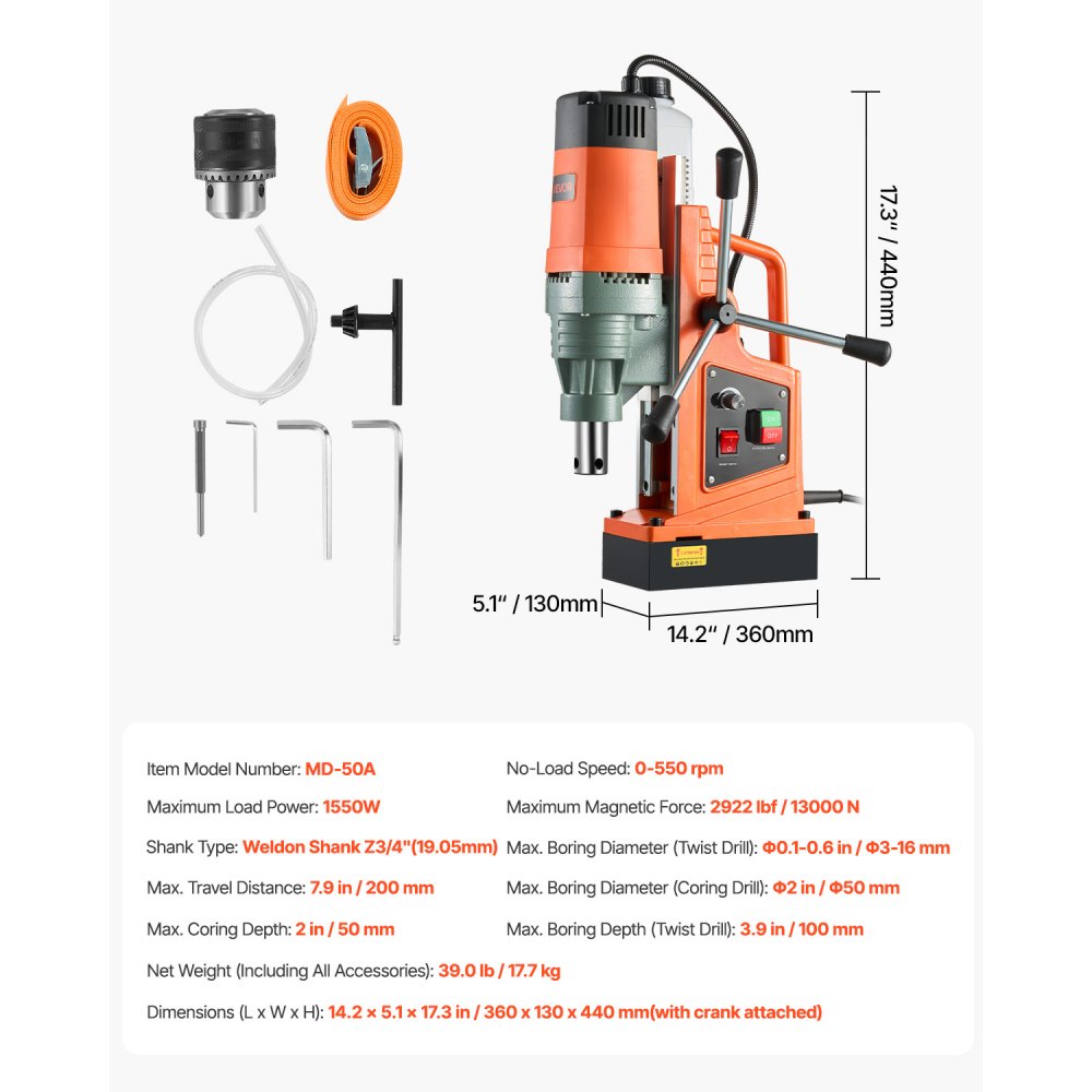 VEVOR Magnetic Drill, 1550W Motor 50 mm Coring Diameter, 13000 N Magnetic Force, 0-550 RPM Variable Speed, Portable Electric Mag Drill Press Drilling Machine for Metal Surface, Home Improvement
