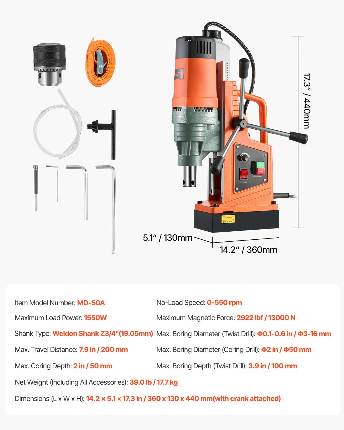 VEVOR Magnetic Drill, 1550W Motor 50 mm Coring Diameter, 13000 N Magnetic Force, 0-550 RPM Variable Speed, Portable Electric Mag Drill Press Drilling Machine for Metal Surface, Home Improvement