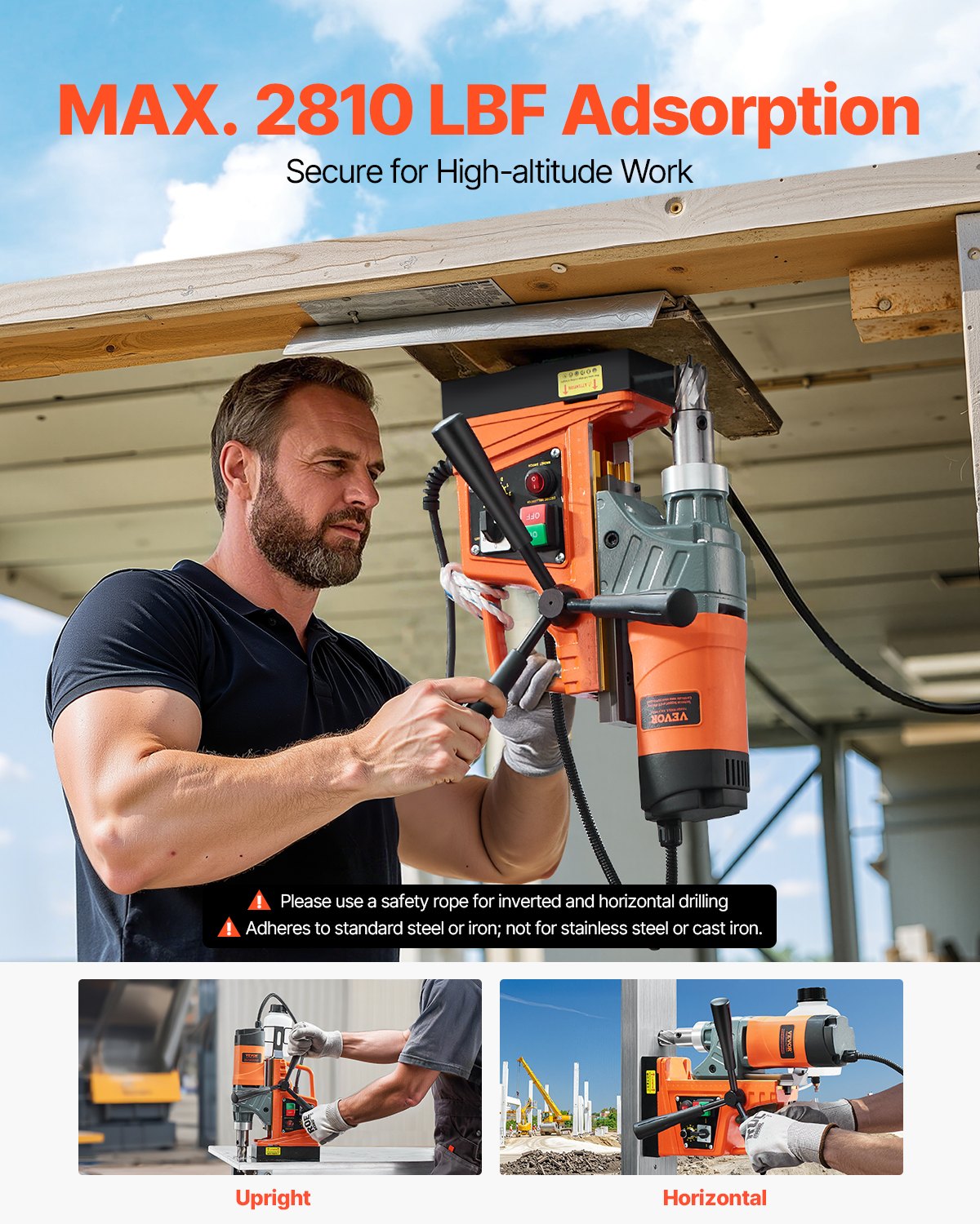 VEVOR Magnetic Drill, 1450W Motor 1.6 in Boring Diameter, 2810 lbf Portable Electric Mag Drill Press, with 2 Coring Bits, Variable Speed, Drilling Machine for Metal Surface, Home Improvement Industry