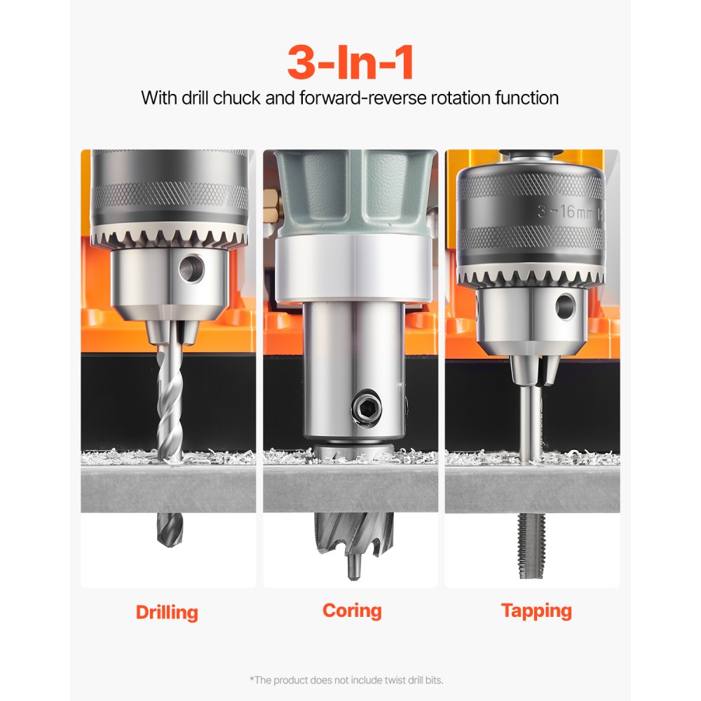 VEVOR Magnetic Drill, 1450W Motor 40 mm Boring Diameter, 12500 N Portable Electric Mag Drill Press, with 2 Coring Bits, Variable Speed, Drilling Machine for Metal Surface, Home Improvement Industry