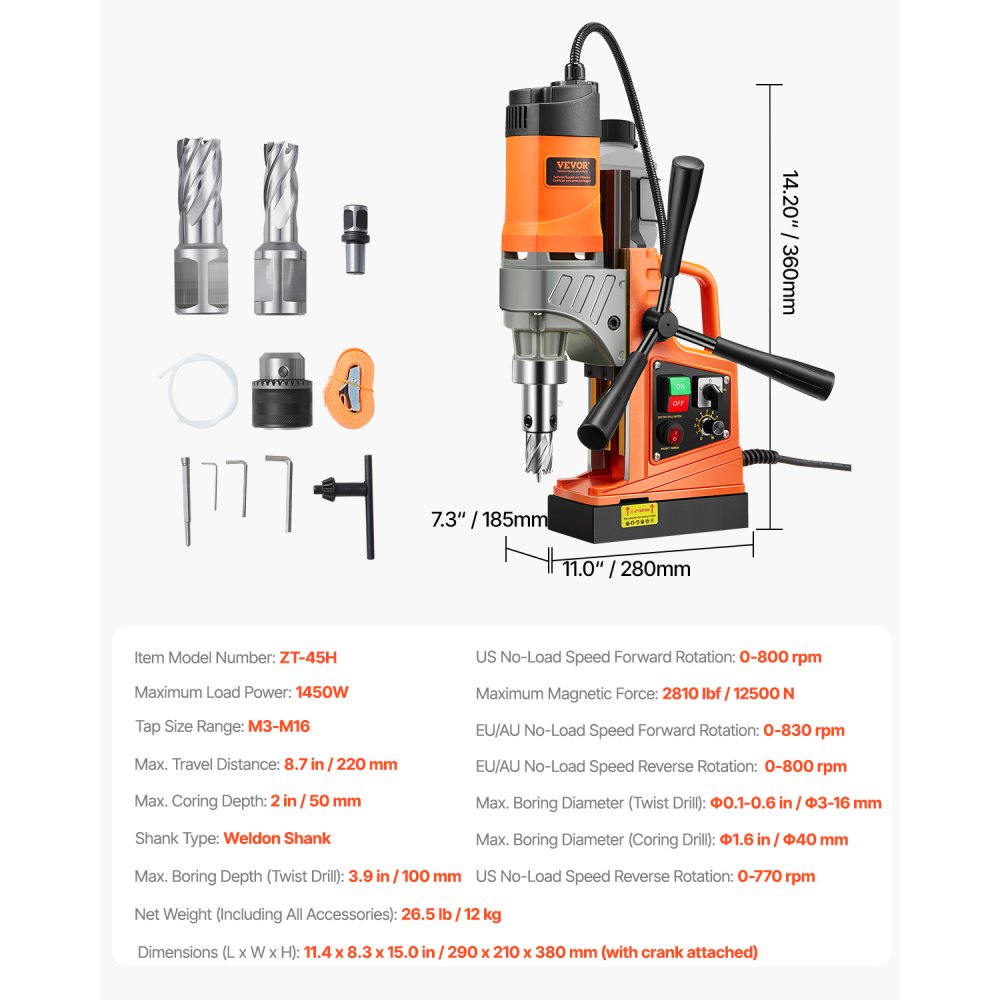 VEVOR Magnetic Drill, 1450W Motor 40 mm Boring Diameter, 12500 N Portable Electric Mag Drill Press, with 2 Coring Bits, Variable Speed, Drilling Machine for Metal Surface, Home Improvement Industry