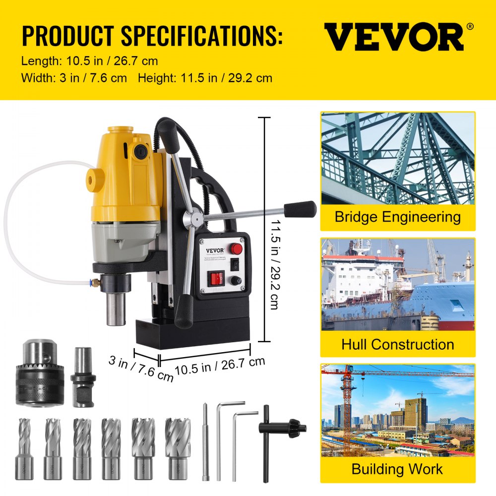 VEVOR 1100W Magnetic Drill Press 12000 N Magnet Force w/6 pcs HSS Annular Cutter Bits