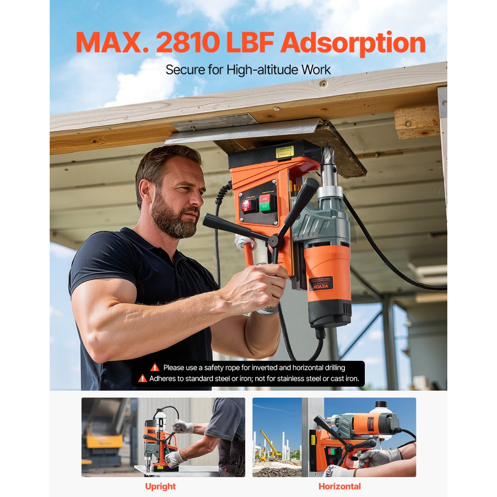 VEVOR Magnetic Drill, 1450W Motor 1.6 in Boring Diameter, 2810 lbf Portable Electric Mag Drill Press, with 11 Coring Bits, 850 RPM Speed, Drilling Machine for Metal Surface, Home Improvement Industry