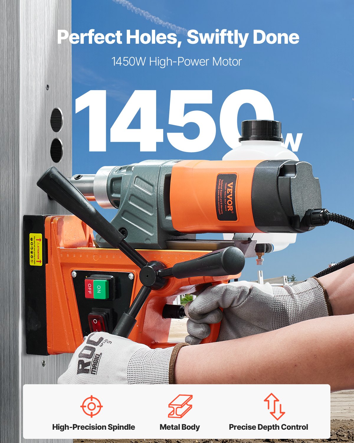 VEVOR Magnetic Drill, 1450W Motor 1.6 in Boring Diameter, 2810 lbf Portable Electric Mag Drill Press, with 11 Coring Bits, 850 RPM Speed, Drilling Machine for Metal Surface, Home Improvement Industry