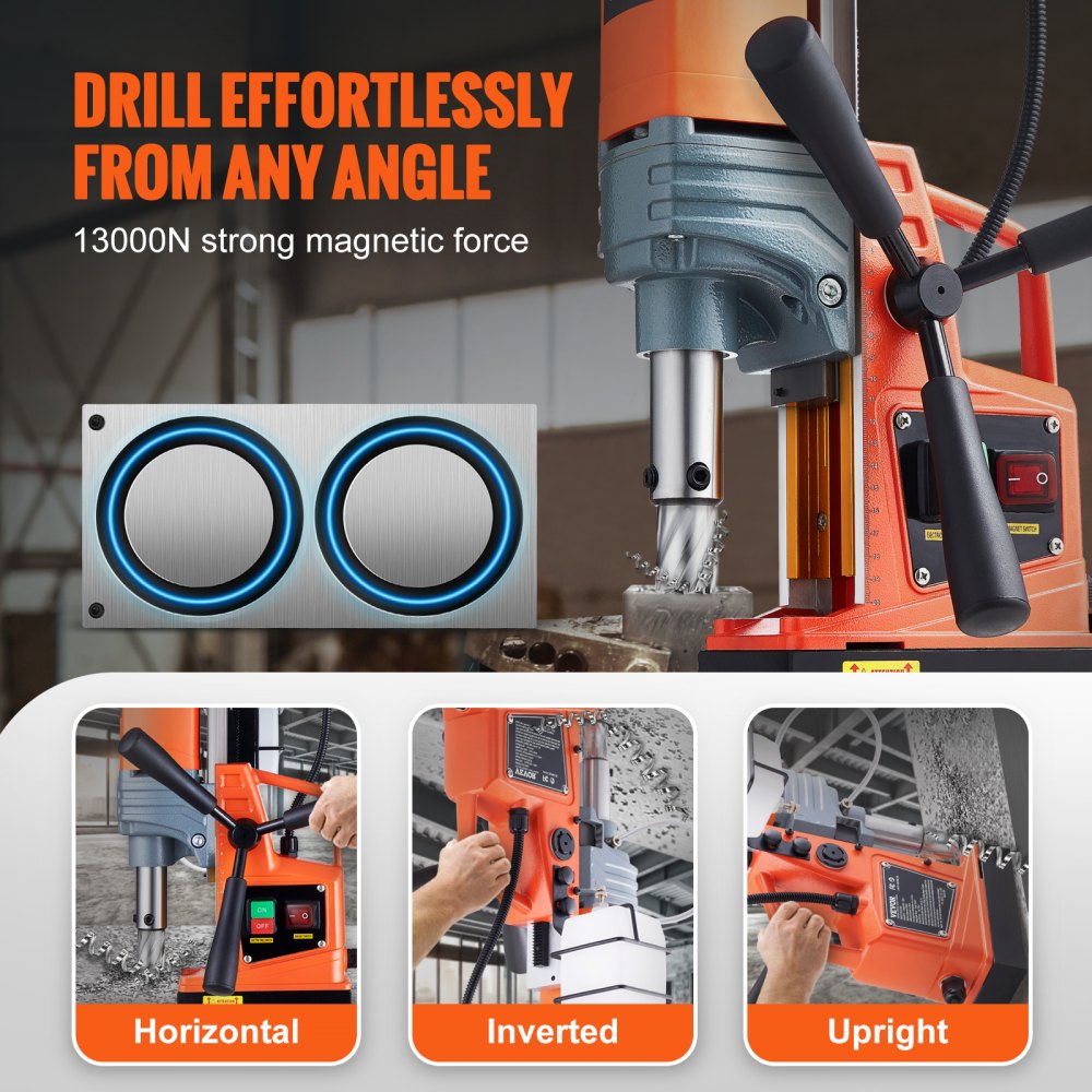VEVOR Magnetic Drill, 1300W 1.57" Boring Diameter, 2922lbf/13000N Portable Electric Mag Drill Press, 810 RPM Drilling Machine for any Surface Home Improvement Industry Railway