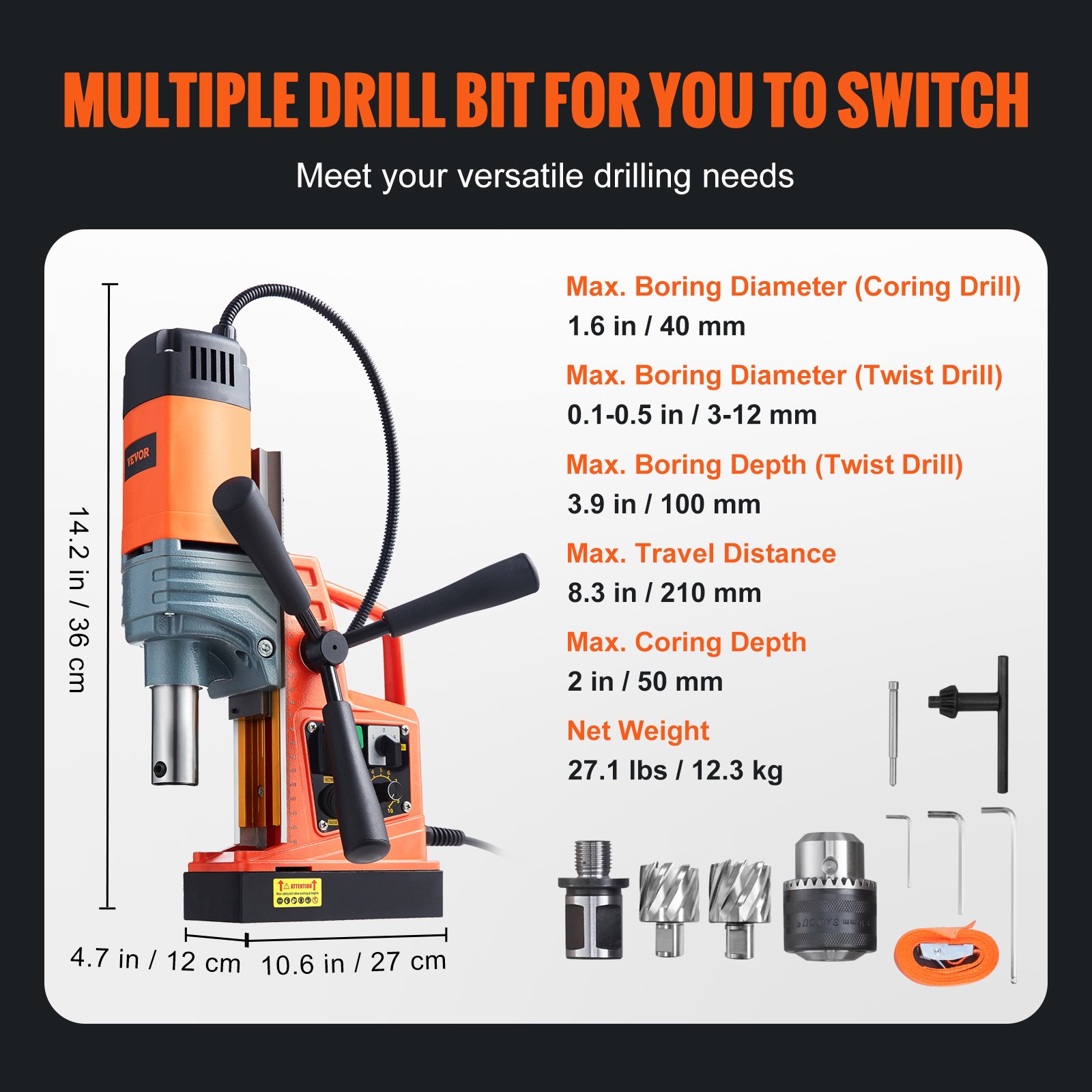 VEVOR Magnetic Drill, 1300W 1.57" Boring Diameter, 2922lbf/13000N Portable Electric Mag Drill Press with Variable Speed, 700 RPM Drilling Machine for any Surface Home Improvement Industry Railway