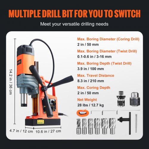 VEVOR Magnetic Drill 1400W 2922lbf/13000N Portable Mag Drill Press 810RPM