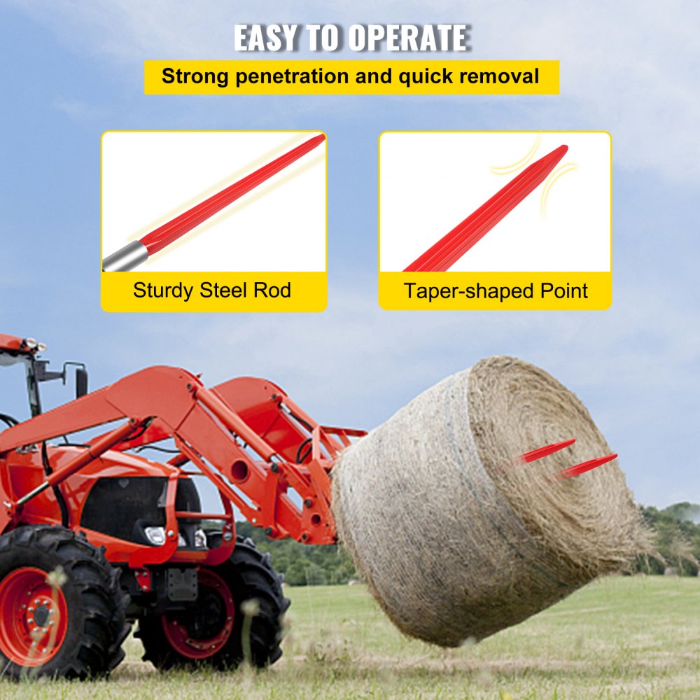 VEVOR Hay Spear 32" Bale Spear 1350 lbs Capacidade, Bale Spike Quick Attach Square Hay Bale Spears 1,4" de largura, garfos de fardos revestidos de vermelho, Bale Hay Spike com porca sextavada e manga para baldes tratores carregadeiras