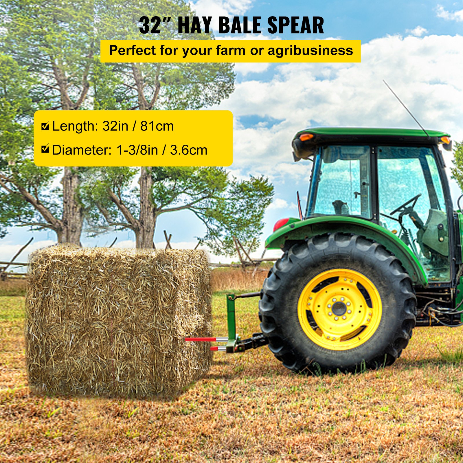 VEVOR Hay Spear 32" Bale Spear 1350 lbs Capacidade, Bale Spike Quick Attach Square Hay Bale Spears 1,4" de largura, garfos de fardos revestidos de vermelho, Bale Hay Spike com porca sextavada e manga para baldes tratores carregadeiras