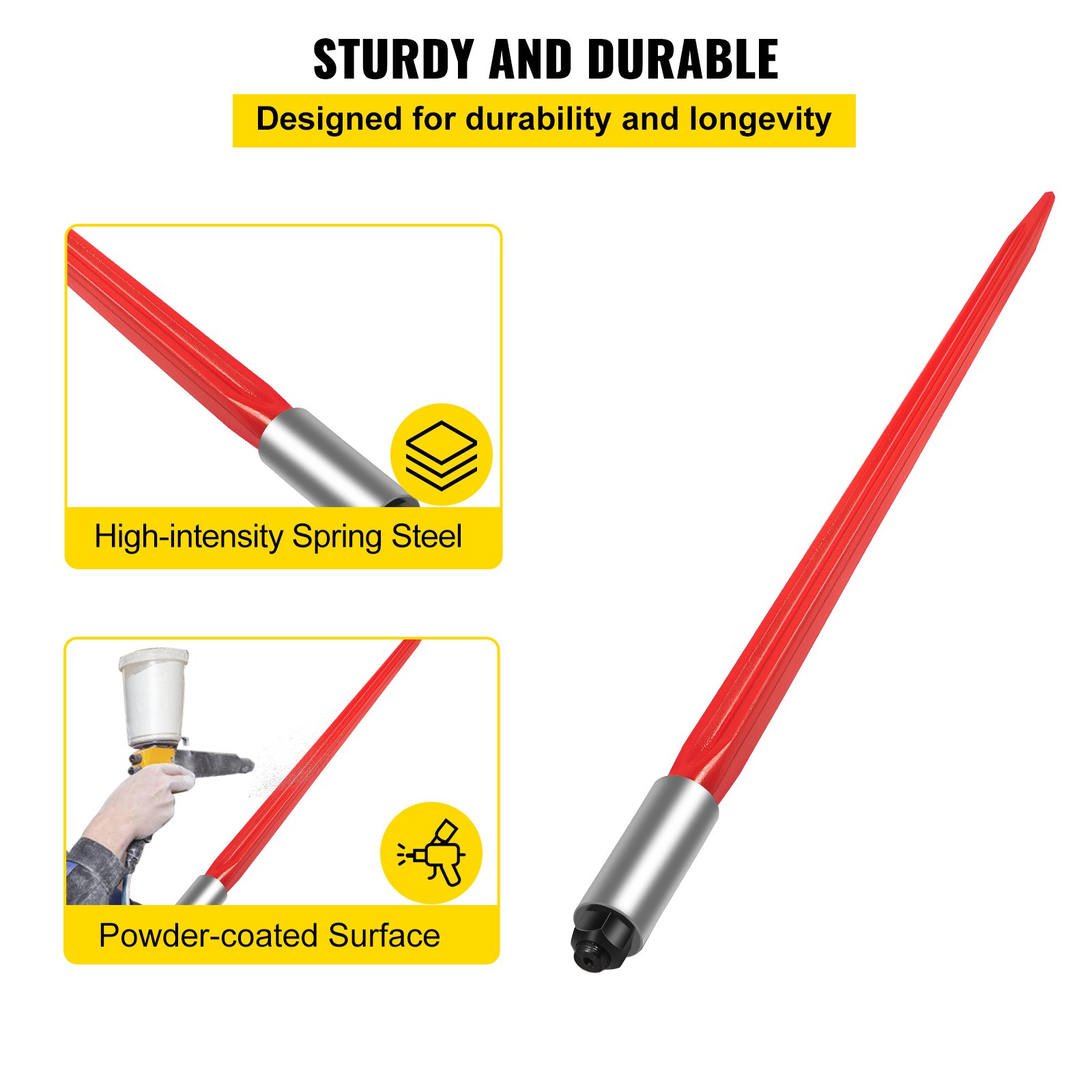 VEVOR Hay Spear 32" Bale Spear 1350 lbs Capacidade, Bale Spike Quick Attach Square Hay Bale Spears 1,4" de largura, garfos de fardos revestidos de vermelho, Bale Hay Spike com porca sextavada e manga para baldes tratores carregadeiras