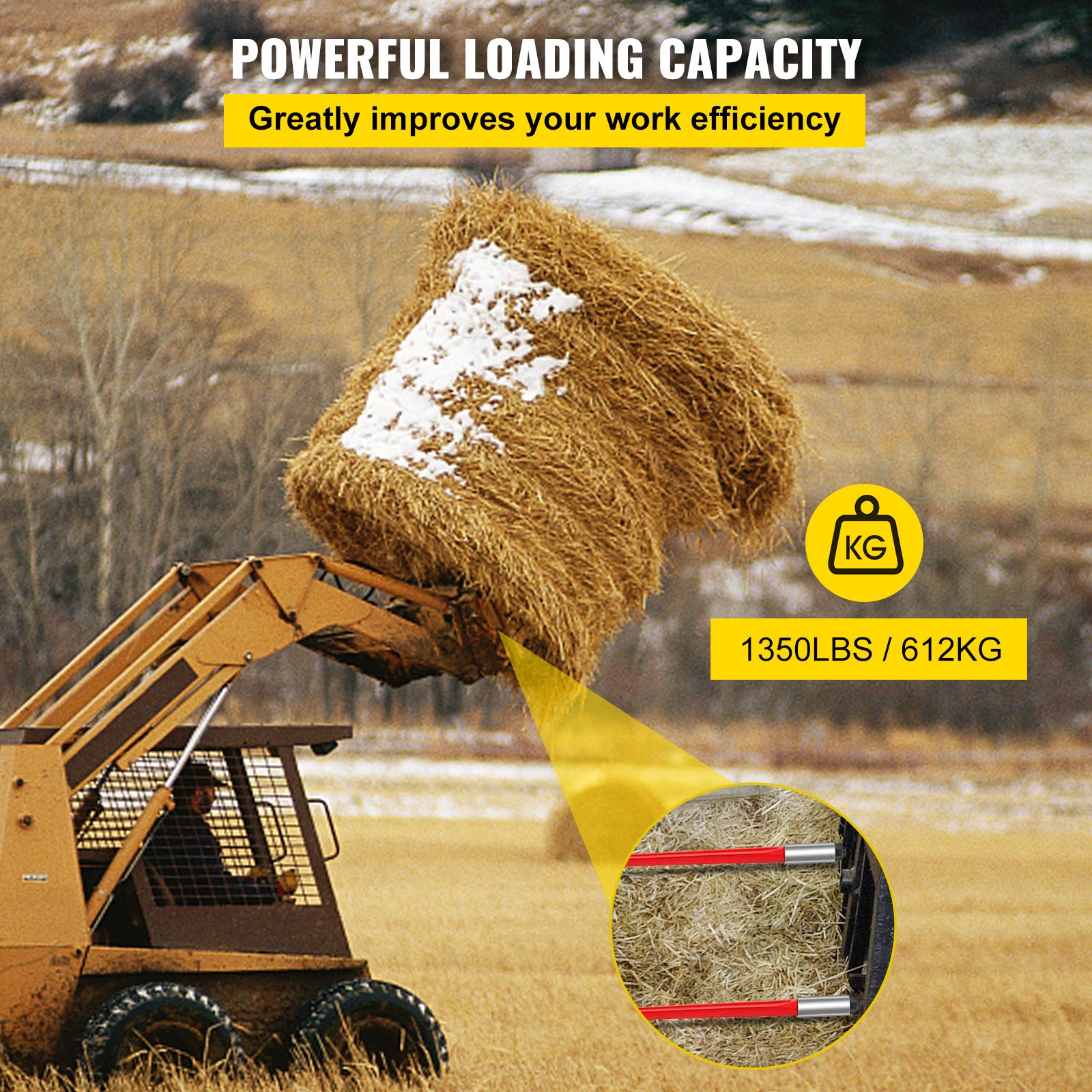 VEVOR Hay Spear 32" Bale Spear 1350 lbs Capacidade, Bale Spike Quick Attach Square Hay Bale Spears 1,4" de largura, garfos de fardos revestidos de vermelho, Bale Hay Spike com porca sextavada e manga para baldes tratores carregadeiras