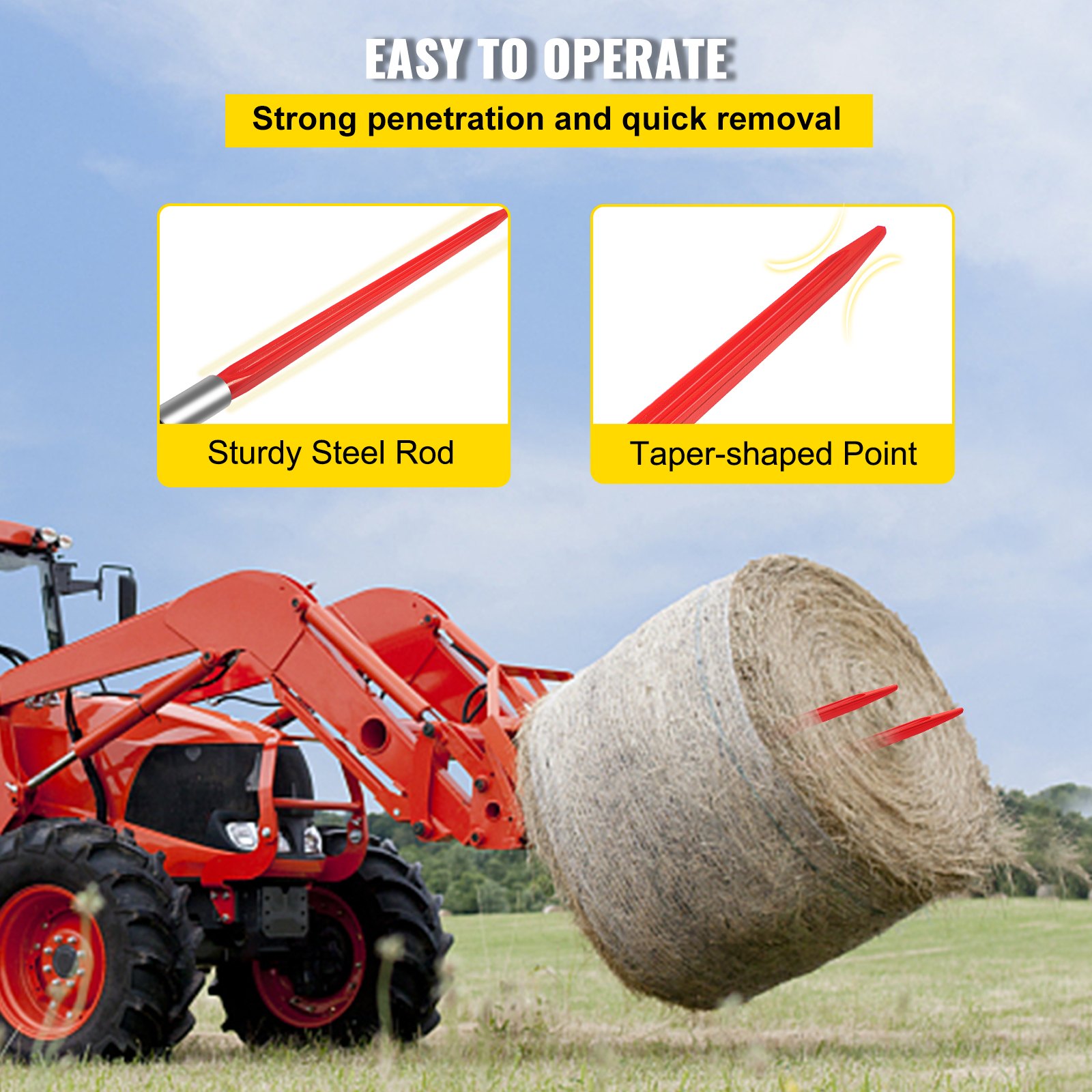 VEVOR Hay Spear 32" Bale Spear 1350 lbs Capacidade, Bale Spike Quick Attach Square Hay Bale Spears 1,4" de largura, garfos de fardos revestidos de vermelho, Bale Hay Spike com porca sextavada e manga para baldes tratores carregadeiras