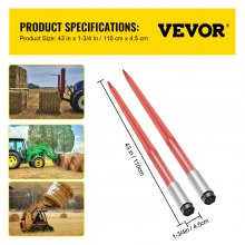 VEVOR Pair Hay Spear 43" Bale Spear 3000 lbs Capacity, Bale Spike Quick Attach Square Hay Bale Spears 1 3/4", Red Coated Bale Forks, Bale Hay Spike with Hex Nut & Sleeve for Buckets Tractors Loaders
