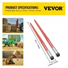 VEVOR Pair Hay Spear 43" Bale Spear 3000 lbs Capacity, Bale Spike Quick Attach Square Hay Bale Spears 1 3/4", Red Coated Bale Forks, Bale Hay Spike with Hex Nut & Sleeve for Buckets Tractors Loaders