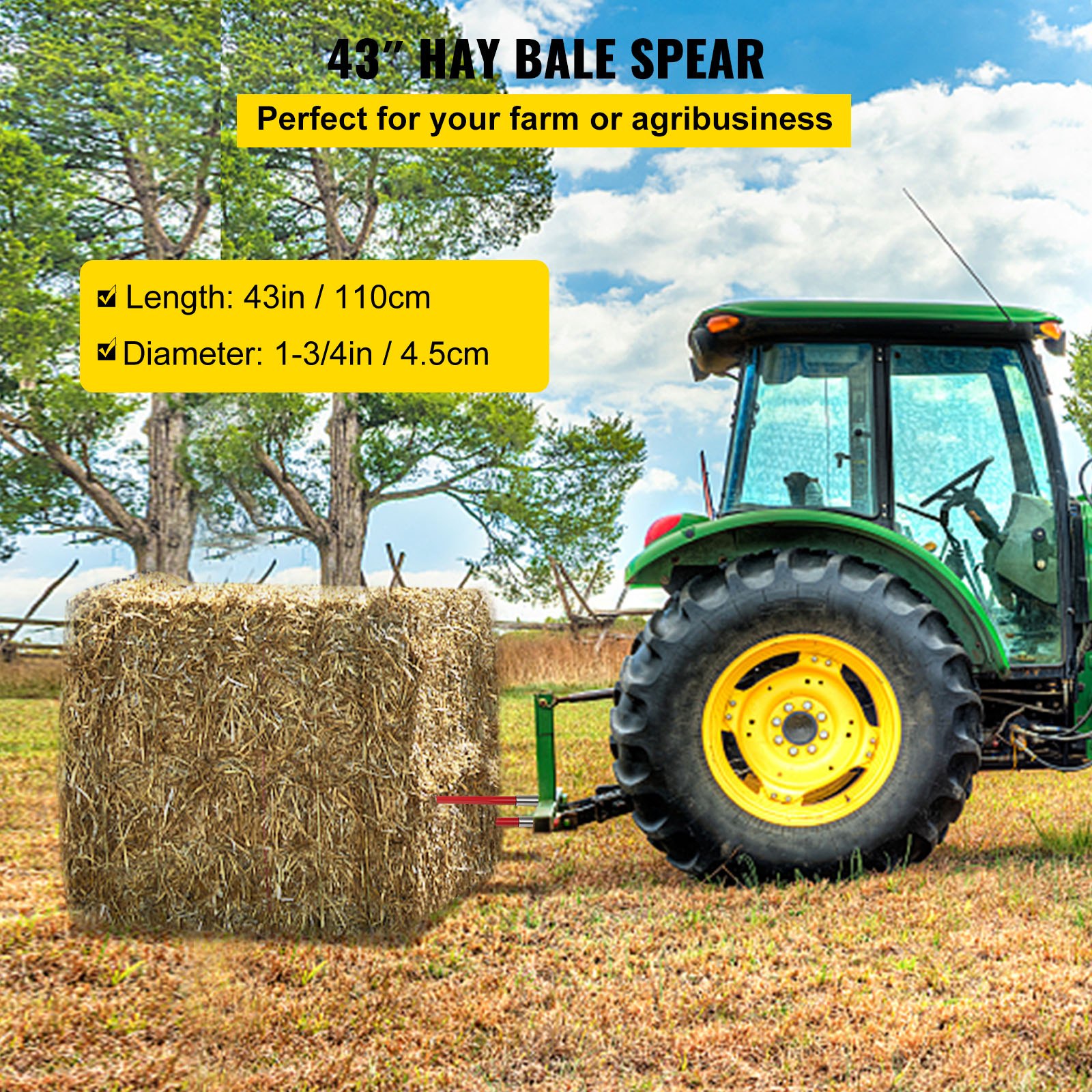 VEVOR Pair Hay Spear 43" Bale Spear 3000 lbs Capacity, Bale Spike Quick Attach Square Hay Bale Spears 1 3/4", Red Coated Bale Forks, Bale Hay Spike with Hex Nut & Sleeve for Buckets Tractors Loaders