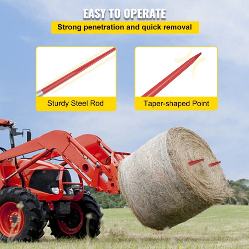 VEVOR Pair Hay Spear 49" Bale Spear 3000 lbs Capacity, Bale Spike Quick Attach Square Hay Bale Spears 1 3/4", Red Coated Bale Forks, Bale Hay Spike with Hex Nut & Sleeve for Buckets Tractors Loaders
