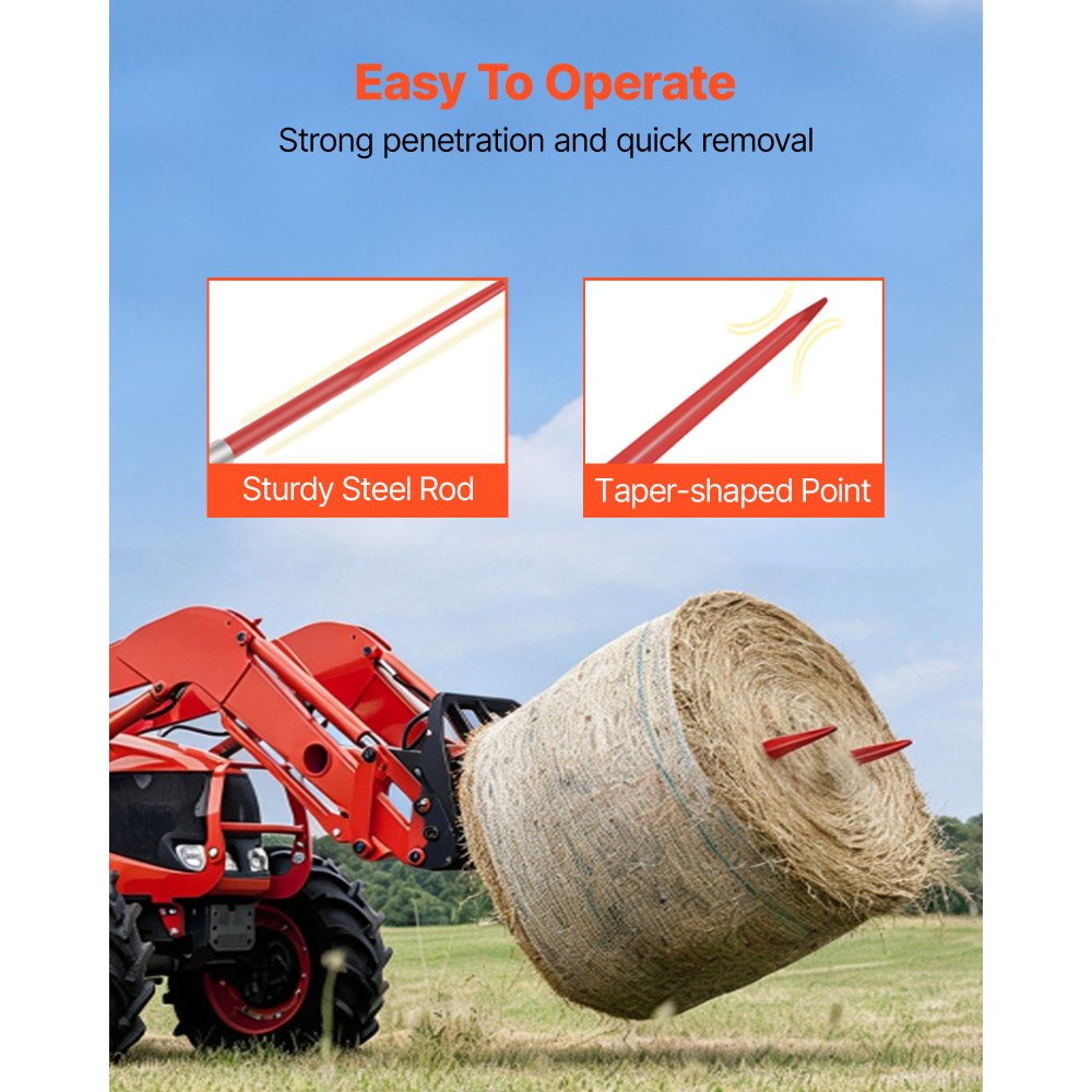 VEVOR Pair Hay Spear 125cm Bale Spear 2041kg Capacity, Bale Spike Quick Attach Square Hay Bale Spears 4.5cm, Red Coated Bale Forks, Bale Hay Spike with Hex Nut & Sleeve for Buckets Tractors Loaders