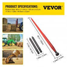 VEVOR Hay Spear 49\" Bale Spear 3000 lbs Capacity, Bale Spike Quick Attach Square Hay Bale Spears 1 3/4\" Wide, Red Coated Bale Forks, Bale Hay Spike with 2 Stabilizer Spears Conus 2