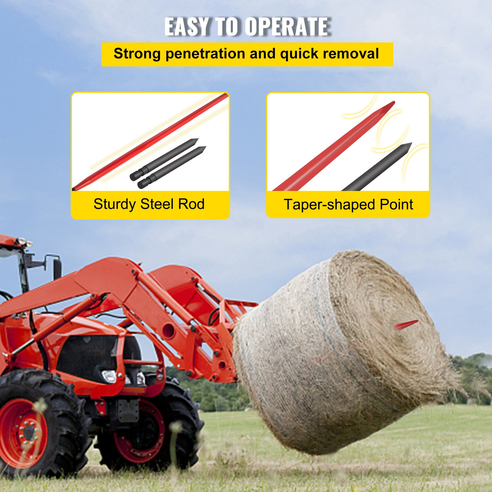 VEVOR Hay Spear 49\" Bale Spear 3000 lbs Capacity, Bale Spike Quick Attach Square Hay Bale Spears 1 3/4\" Wide, Red Coated Bale Forks, Bale Hay Spike with 2 Stabilizer Spears Conus 2