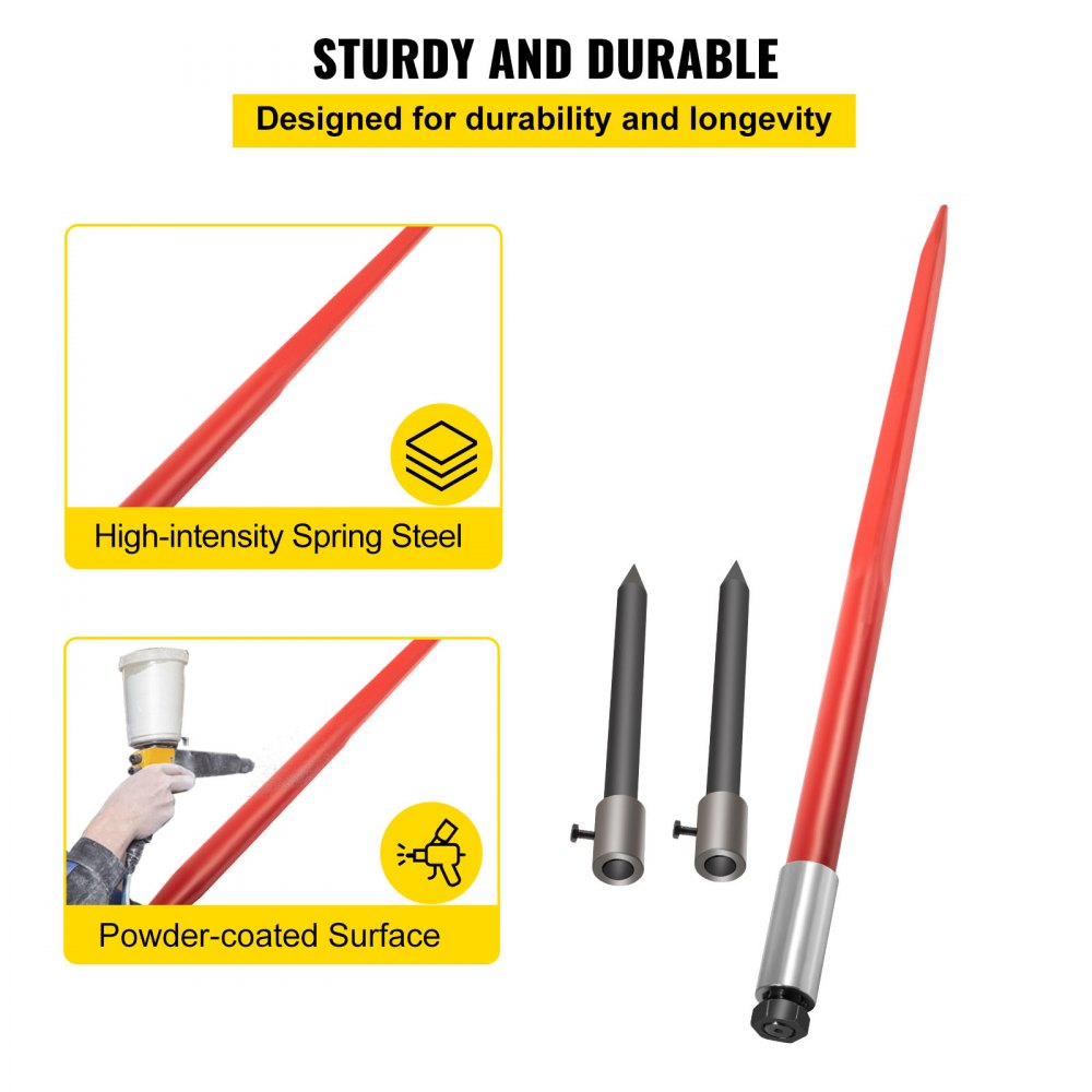 VEVOR Hay Spear 49" Bale Spear 3000 lbs Capacity, Bale Spike Quick Attach Square Hay Bale Spears, Red Coated Bale Forks, Bale Hay Spike with 2 Stabilizer Spears