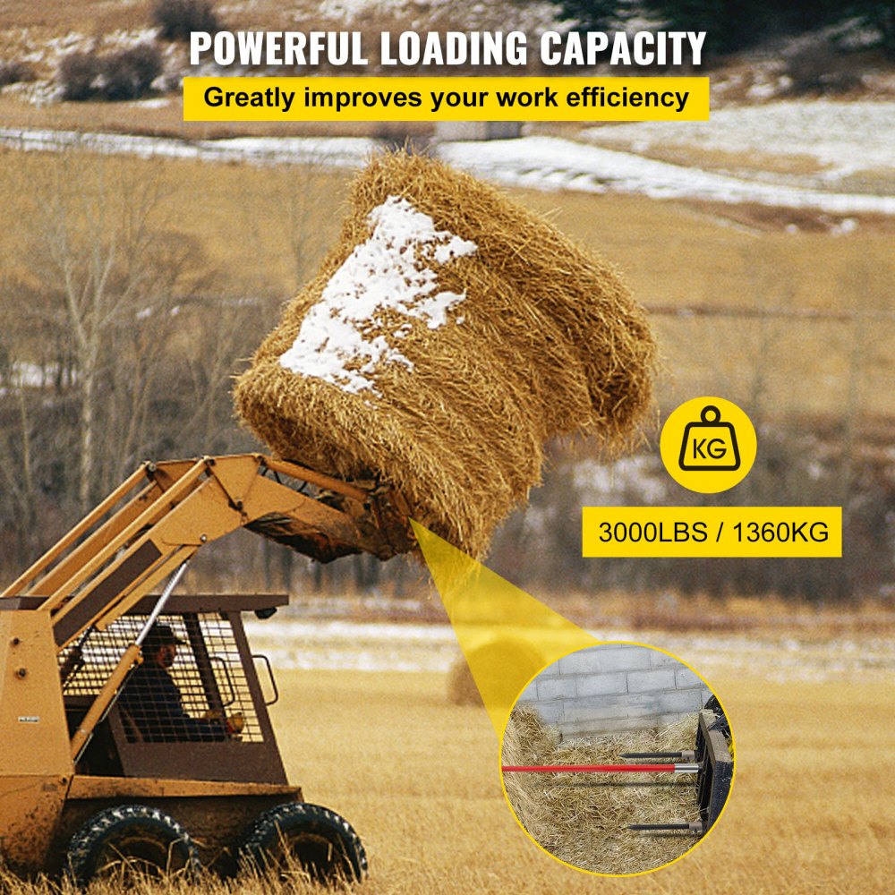 Lança para fardos de feno VEVOR Hay Spear de 49" com capacidade para 1365 kg, lança quadrada para fardos de feno com engate rápido, garfos para fardos com revestimento vermelho, lança para fardos de feno com 2 lanças estabilizadoras