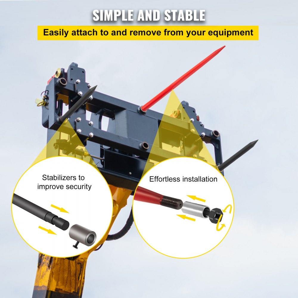 Lança para fardos de feno VEVOR Hay Spear de 49" com capacidade para 1365 kg, lança quadrada para fardos de feno com engate rápido, garfos para fardos com revestimento vermelho, lança para fardos de feno com 2 lanças estabilizadoras