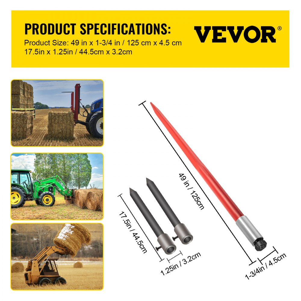 Lança para fardos de feno VEVOR Hay Spear de 49" com capacidade para 1365 kg, lança quadrada para fardos de feno com engate rápido, garfos para fardos com revestimento vermelho, lança para fardos de feno com 2 lanças estabilizadoras