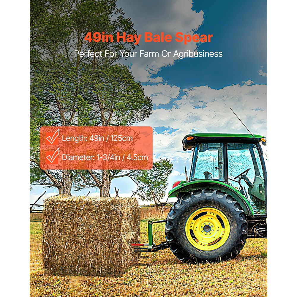 VEVOR Hay Spear 49" Bale Spear 3000 lbs Capacity, Bale Spike Quick Attach Square Hay Bale Spears, Red Coated Bale Forks, Bale Hay Spike with 2 Stabilizer Spears