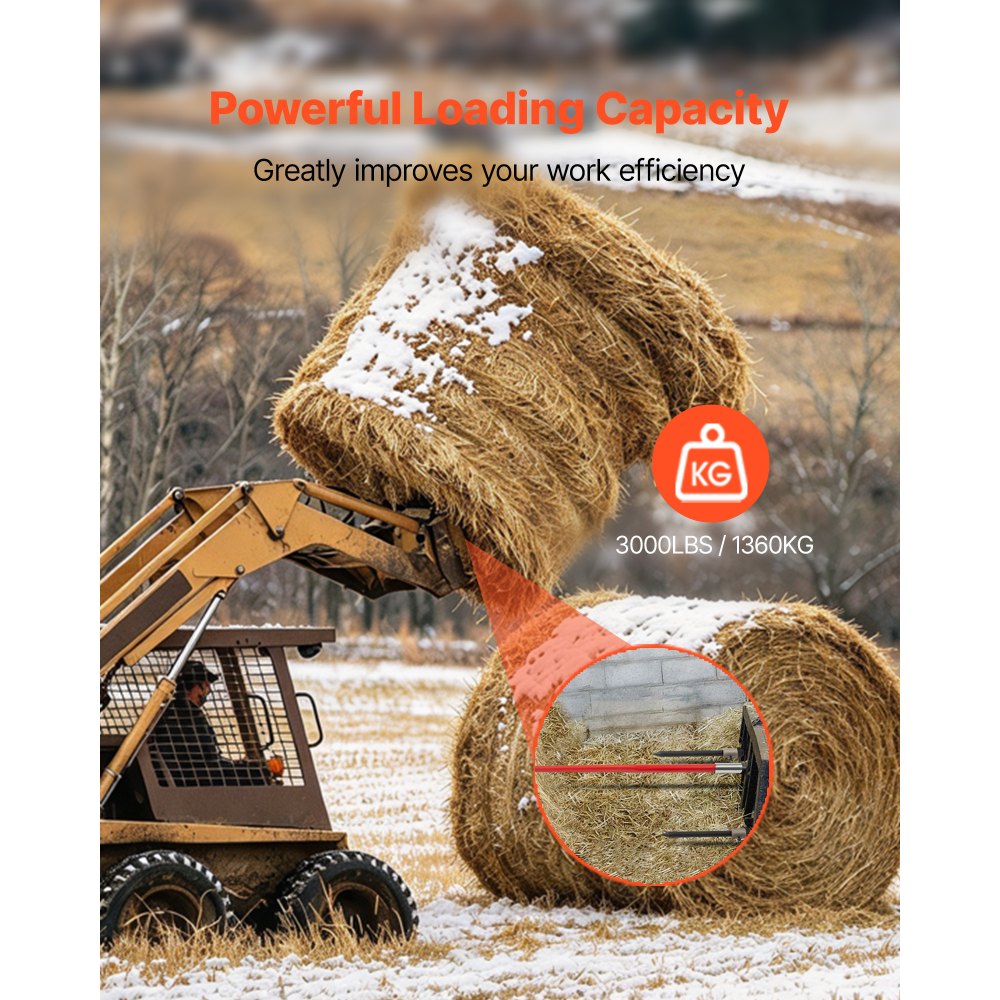 VEVOR Hay Spear 49" Bale Spear 3000 lbs Capacity, Bale Spike Quick Attach Square Hay Bale Spears, Red Coated Bale Forks, Bale Hay Spike with 2 Stabilizer Spears