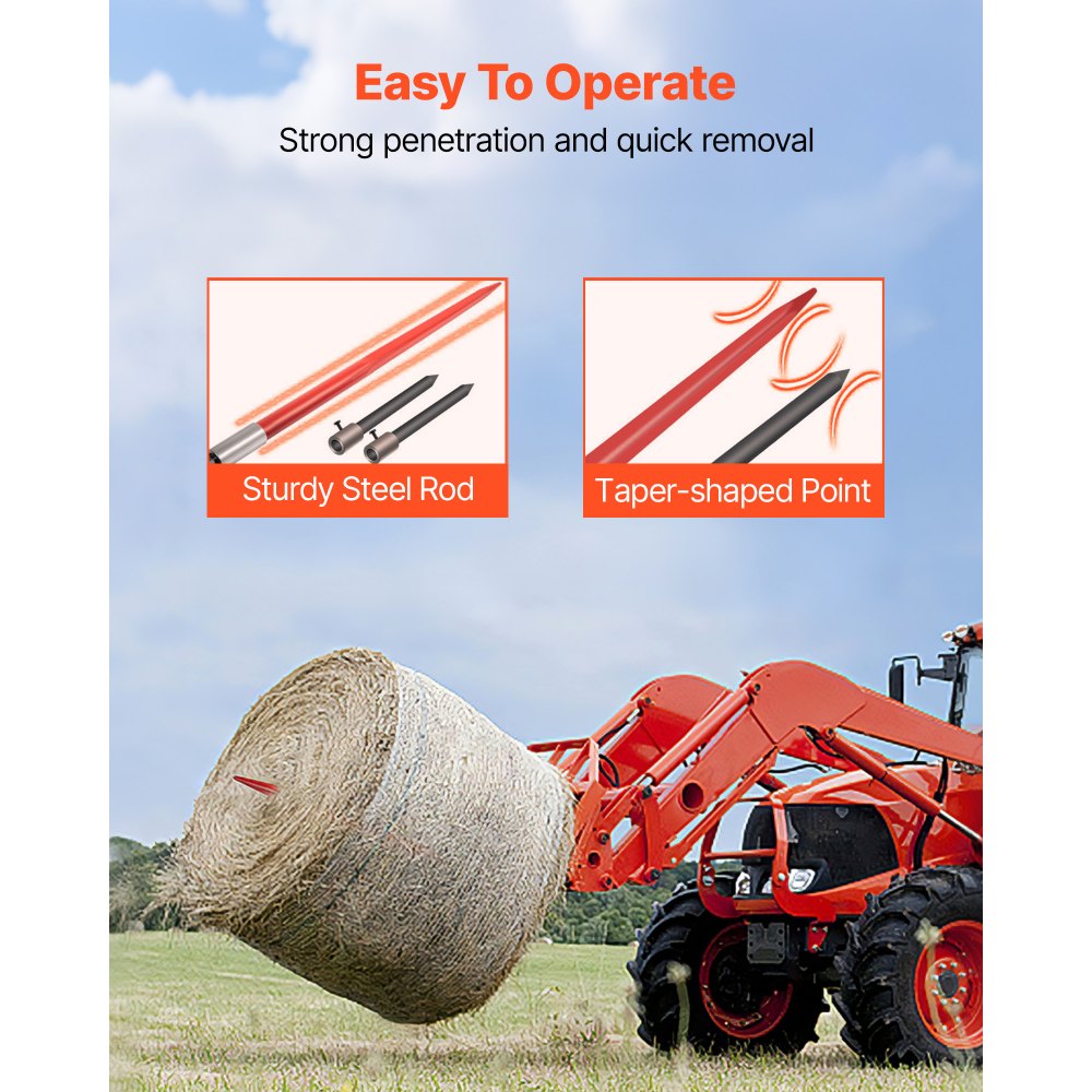 VEVOR Hay Spear 49" Bale Spear 3000 lbs Capacity, Bale Spike Quick Attach Square Hay Bale Spears, Red Coated Bale Forks, Bale Hay Spike with 2 Stabilizer Spears