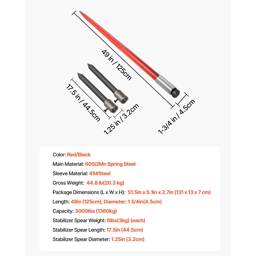 VEVOR Hay Spear 49" Bale Spear 3000 lbs Capacity, Bale Spike Quick Attach Square Hay Bale Spears, Red Coated Bale Forks, Bale Hay Spike with 2 Stabilizer Spears