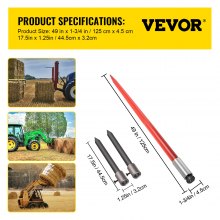 VEVOR Hay Spear 49" Bale Spear 3000 lbs Capacity, Bale Spike Quick Attach Square Hay Bale Spears, Red Coated Bale Forks, Bale Hay Spike with 2 Stabilizer Spears