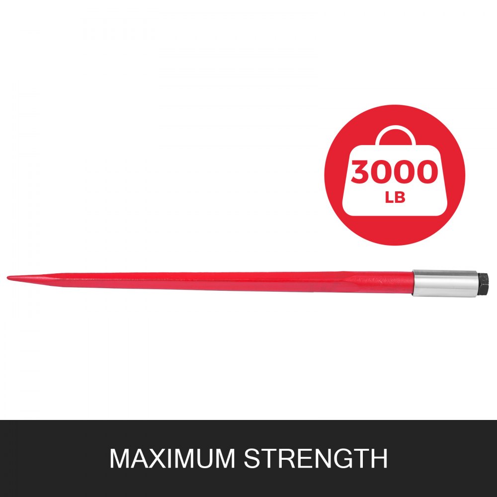 VEVOR Hay Spear 39inch Bale Spear 3000 lbs Capacity, Bale Spike Quick Attach Square Hay Bale Spears 1 3/4", Red Coated Bale Forks, Bale Hay Spike with Hex Nut & Sleeve for Buckets Tractors Loaders
