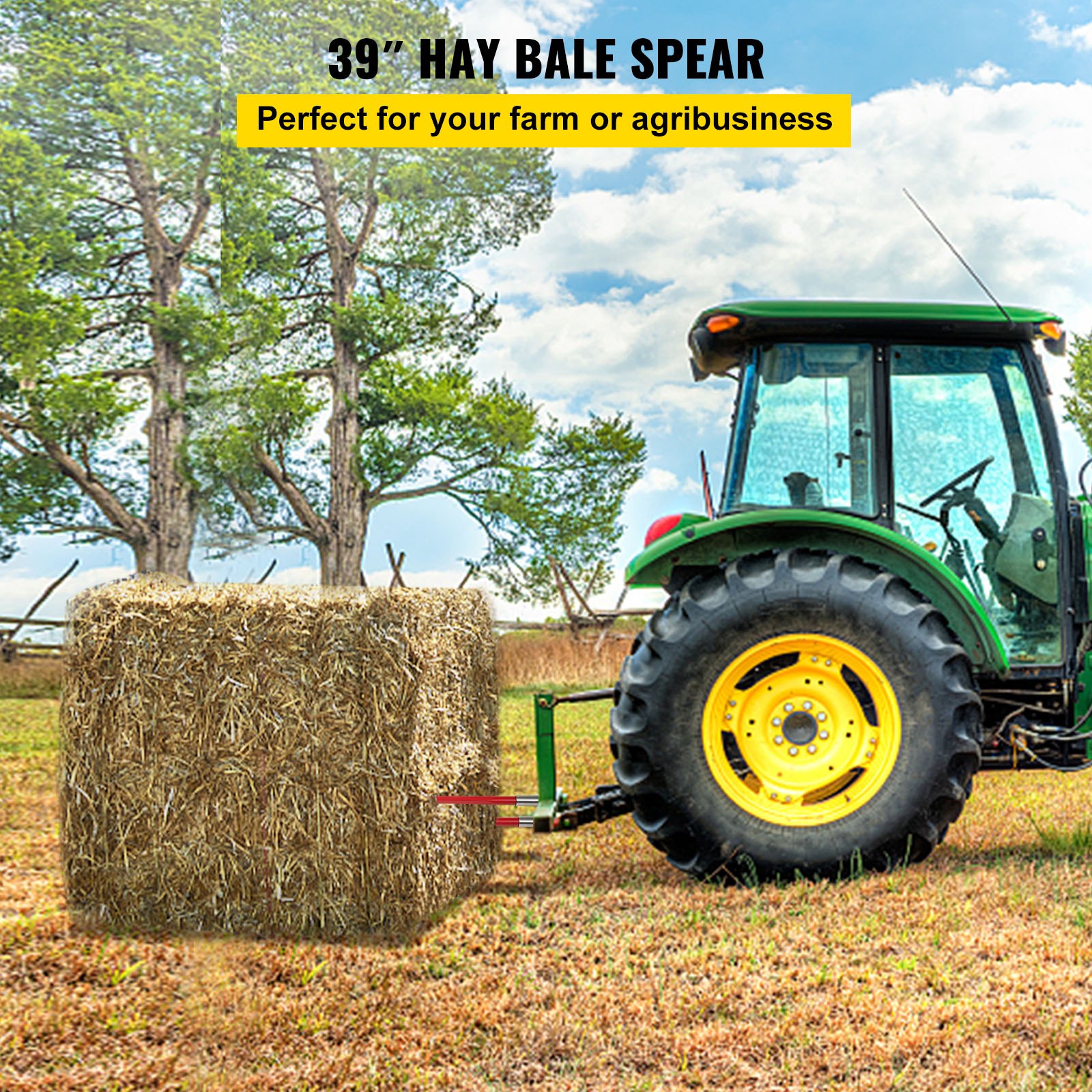 VEVOR Pair Hay Spear 39" Bale Spear 3000 lbs Capacity, Bale Spike Quick Attach Square Hay Bale Spears 1 3/4", Red Coated Bale Forks, Bale Hay Spike with Hex Nut & Sleeve for Buckets Tractors Loaders