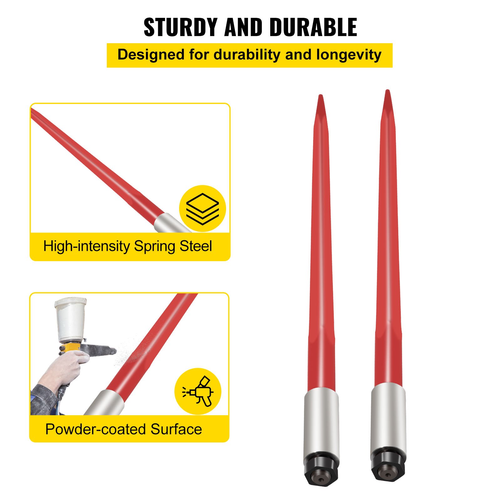 VEVOR Pair Hay Spear 39" Bale Spear 3000 lbs Capacity, Bale Spike Quick Attach Square Hay Bale Spears 1 3/4", Red Coated Bale Forks, Bale Hay Spike with Hex Nut & Sleeve for Buckets Tractors Loaders