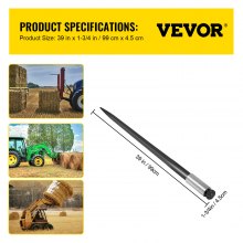 VEVOR Hay Spear 39" Bale Spear 3600 lbs Capacity, Bale Spike Quick Attach Square Hay Bale Spears 1 3/4", Black Coated Bale Forks, Bale Hay Spike with Hex Nut and Sleeve for Buckets Tractors Loaders