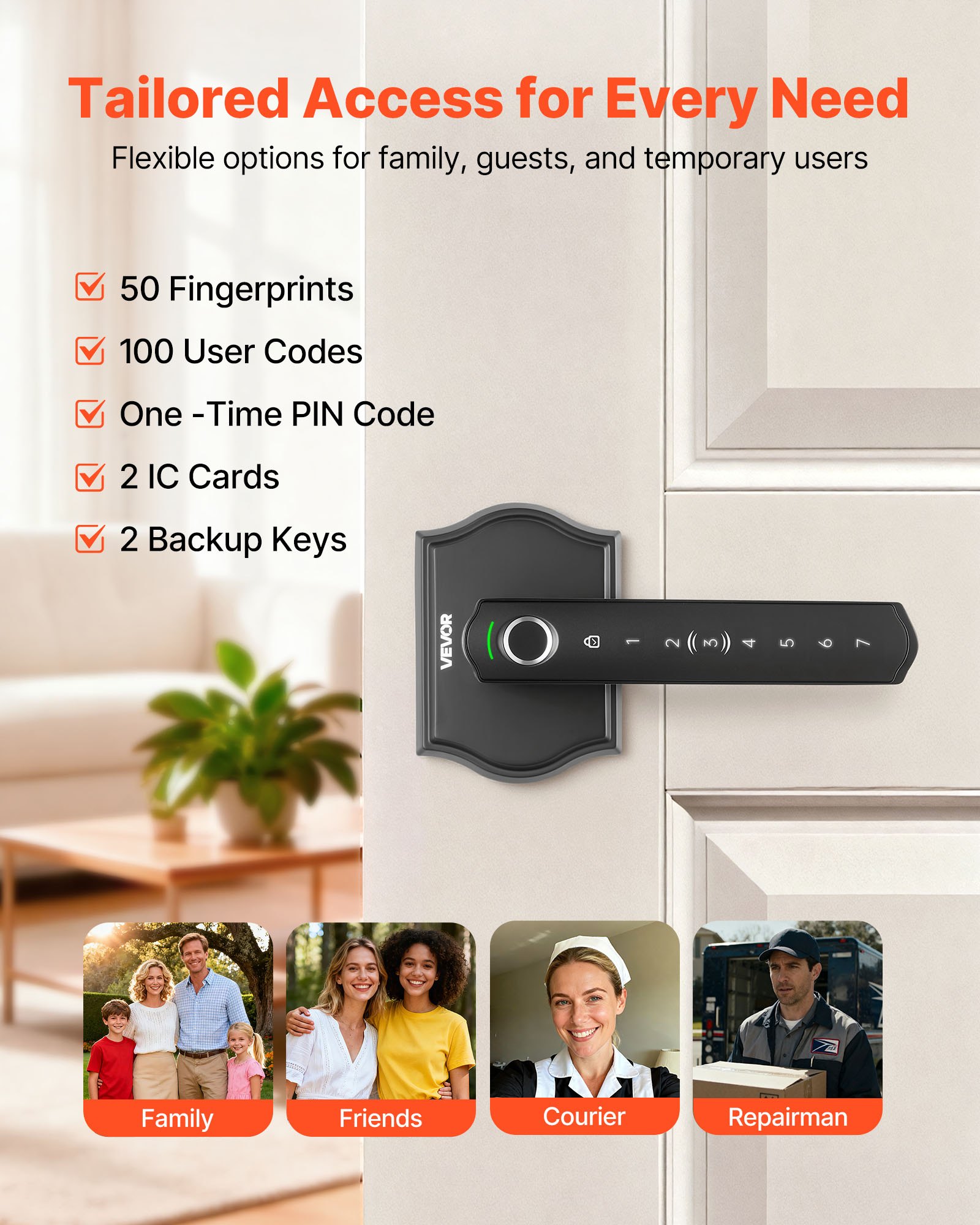 VEVOR Fingerprint Door Lock Set, Electronic Biometric Knob Keyless Entry Door Lock with Handle, Auto Locking, One-Time Code, Anti-Peeking Password, Easy Installation, for Home, Apartment, Matte Black