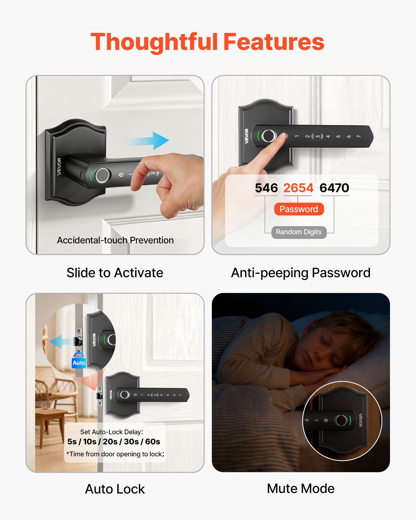 VEVOR Fingerprint Door Lock Set, Electronic Biometric Knob Keyless Entry Door Lock with Handle, Auto Locking, One-Time Code, Anti-Peeking Password, Easy Installation, for Home, Apartment, Matte Black