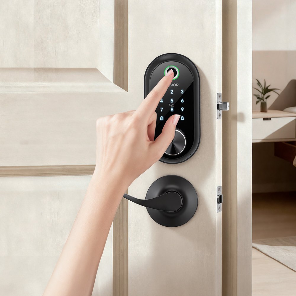 VEVOR Fingerprint Door Lock Set, Electronic Biometric Deadbolt Keyless Entry Door Lock with Handle, Touchscreen, Auto Locking, One-Time Code, Anti-Peeking Password, IC Cards, for Home, Matte Black