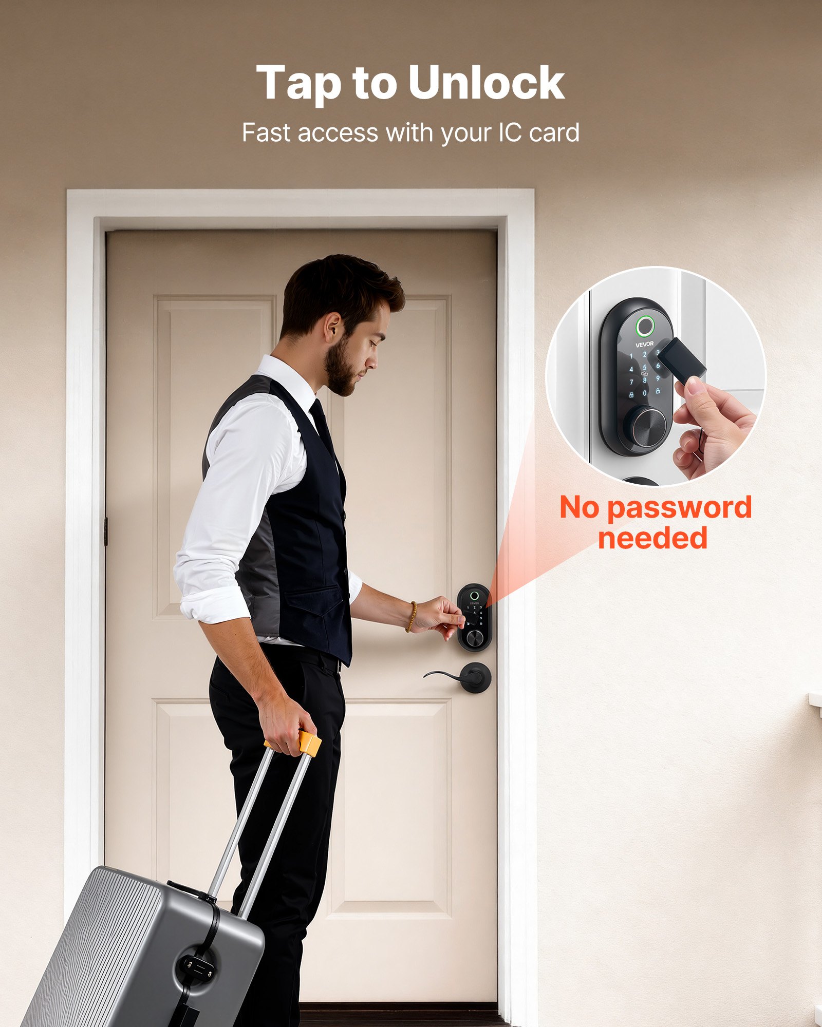 VEVOR Fingerprint Door Lock Set, Electronic Biometric Deadbolt Keyless Entry Door Lock with Handle, Touchscreen, Auto Locking, One-Time Code, Anti-Peeking Password, IC Cards, for Home, Matte Black