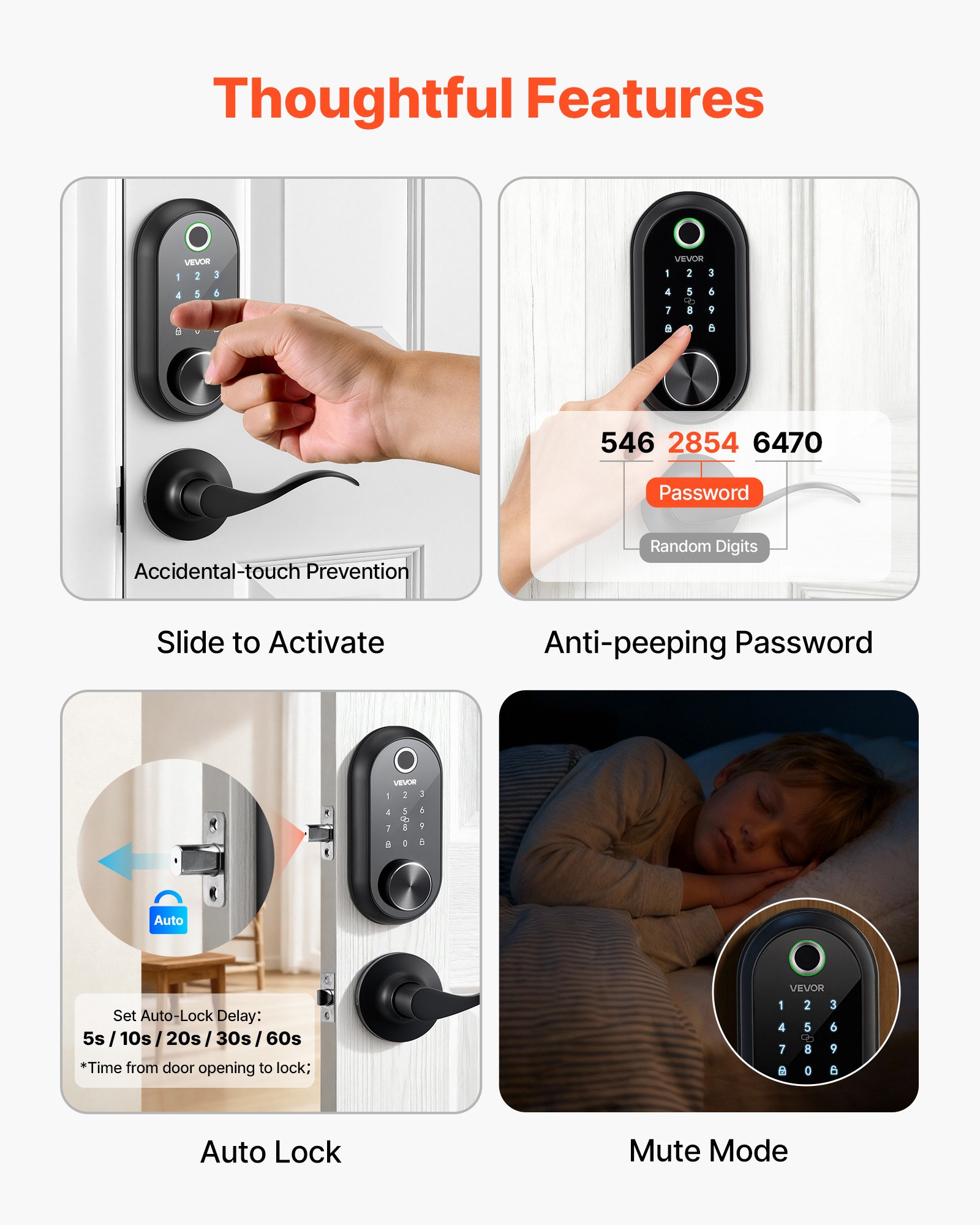VEVOR Fingerprint Door Lock Set, Electronic Biometric Deadbolt Keyless Entry Door Lock with Handle, Touchscreen, Auto Locking, One-Time Code, Anti-Peeking Password, IC Cards, for Home, Matte Black